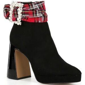 Betsey Johnson Black Boots with Red Plaid and Pearl Detail size 9